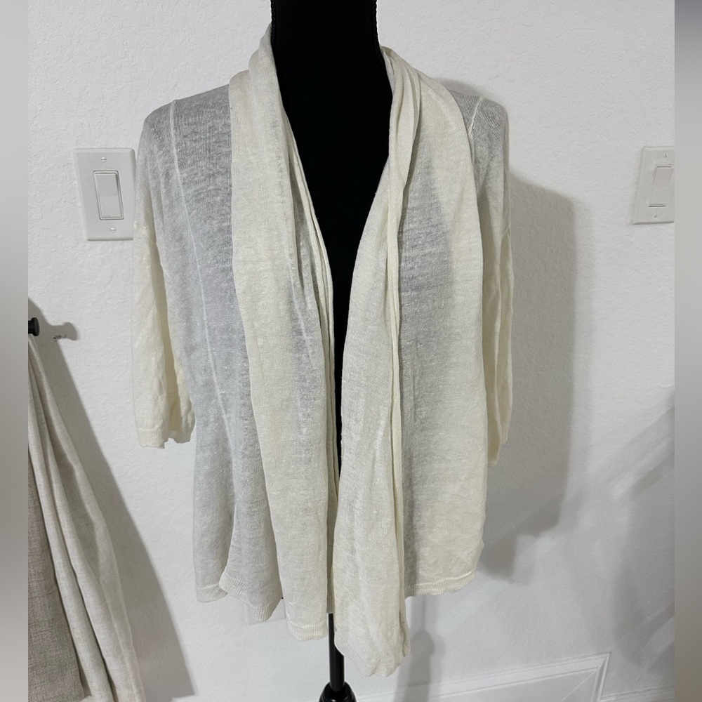 Pure DKNY One Ivory Cardigan P/S Linen Waterfall Collar Short Sleeve